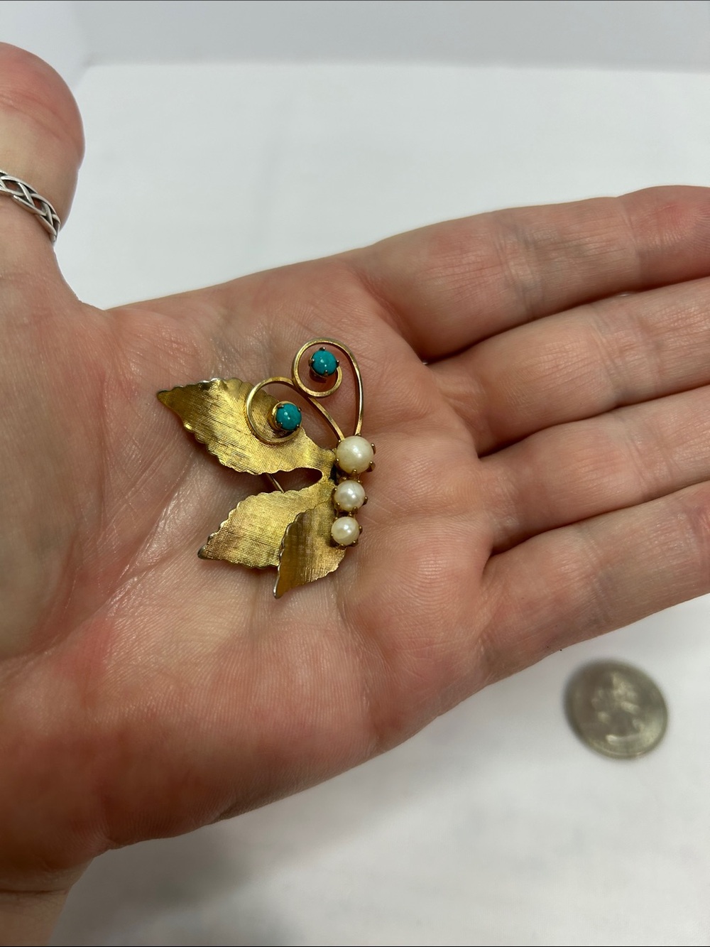 Gold-Tone Leaf Brooch with Turquoise Stones and Pearl Beads